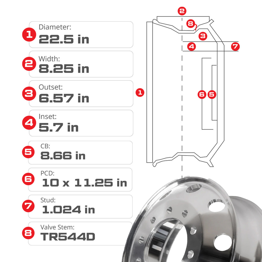 22.5 x 8.25 Aluminum Truck Wheel Rim