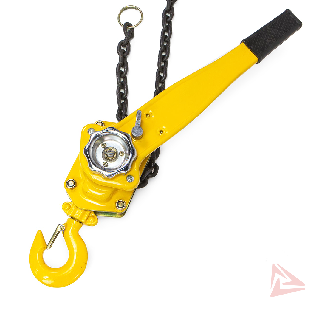 Yellow lever hoist with chain on a white background