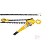 Yellow hand chain block with black chain on a white background