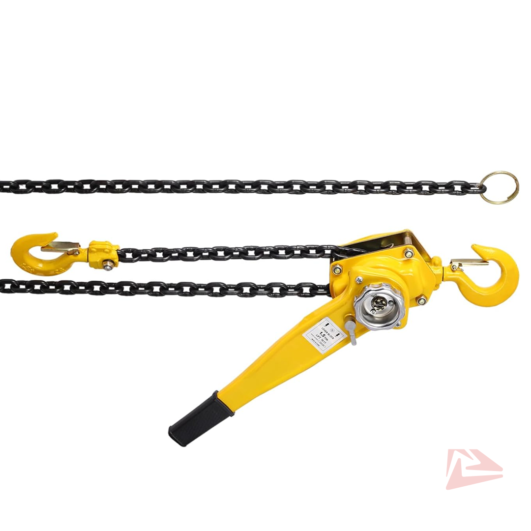 Yellow hand chain block with black chain on a white background