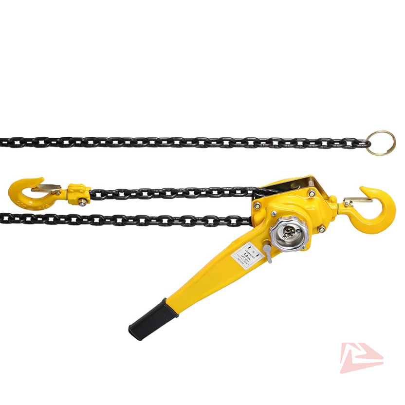 Yellow hand chain block with black chain on a white background