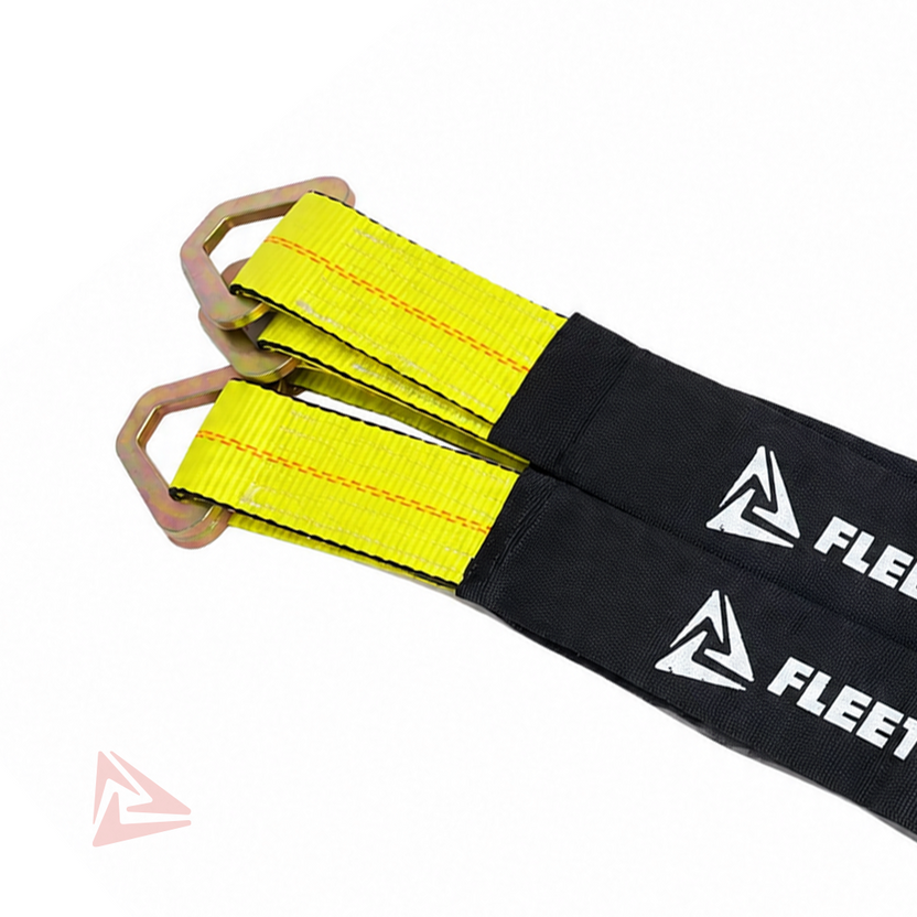 Black and yellow Fleet strap with metal quick-release hooks, shown on a clean white background.