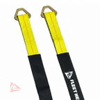 Two bright yellow webbed towing straps with black fabric sleeves and brass D-rings, shown on a white background. The sleeve has a white printed logo that reads 'FLEET HE'.
