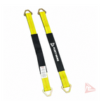 Two yellow and black Fleet Hero webbed towing straps with metal D-rings, shown on a plain white background.