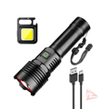 Black flashlight with USB cable and charging port on a white background