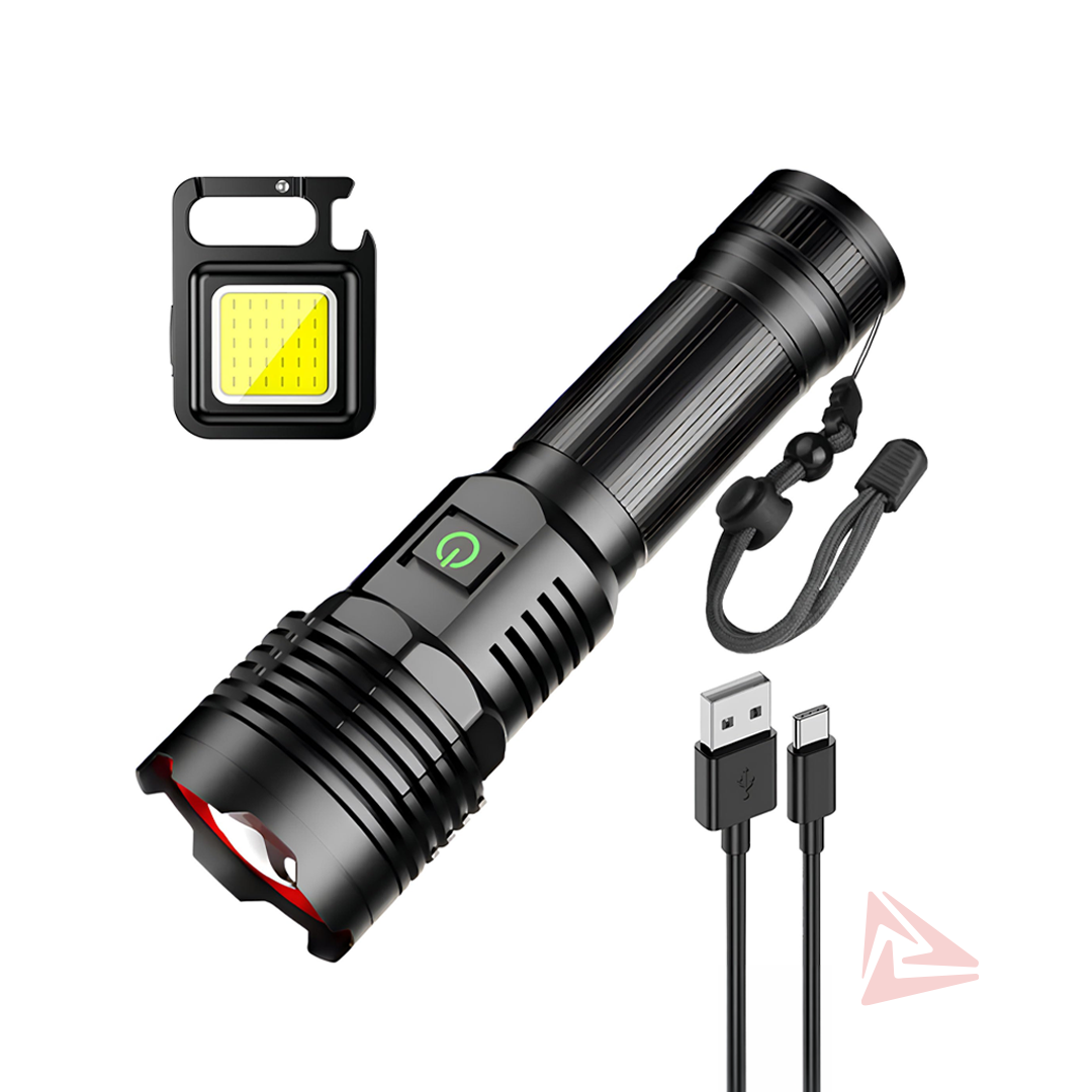 Black flashlight with USB cable and charging port on a white background