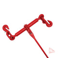 Red ratcheting strap with two hooks on a white background