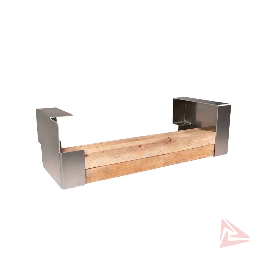 Wooden shelf with metal brackets on a white background