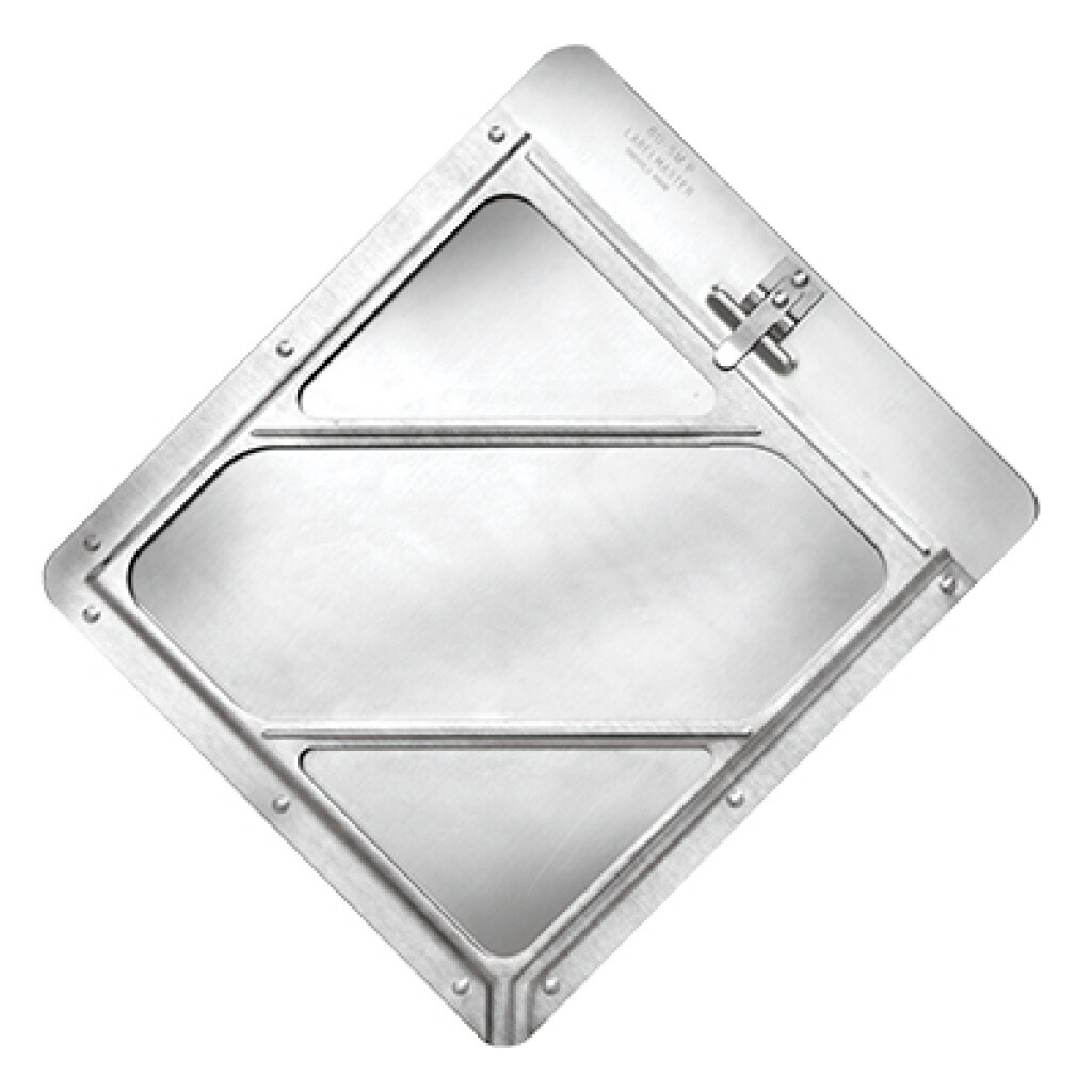 Metallic square window with reflective surface on a white background